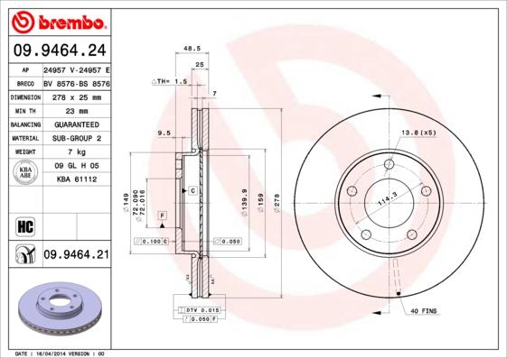 Brembo 09.9464.24 - Jarrulevy inparts.fi