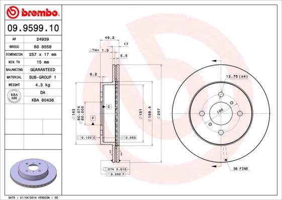 Brembo 09.9599.10 - Jarrulevy inparts.fi