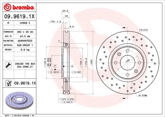 Brembo 09.9619.1X - Jarrulevy inparts.fi