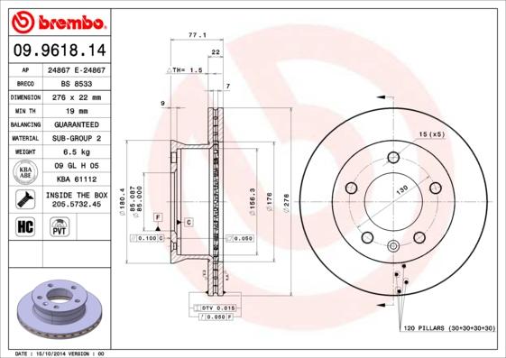 Brembo 09.9618.14 - Jarrulevy inparts.fi