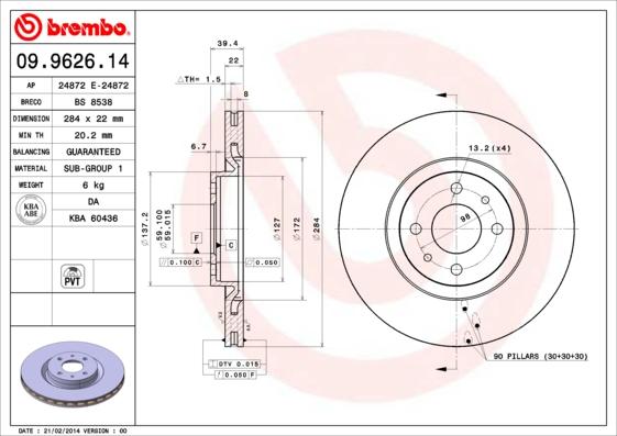 Brembo 09.9626.14 - Jarrulevy inparts.fi