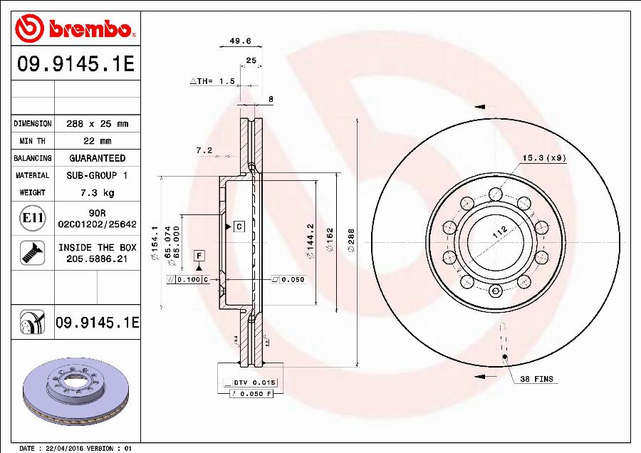 Brembo 09.9145.1E - Jarrulevy inparts.fi