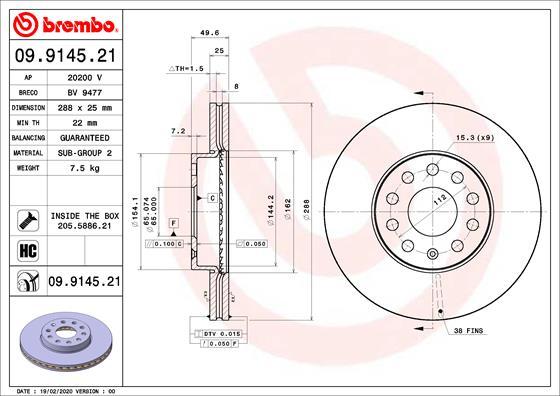 Brembo 09.9145.21 - Jarrulevy inparts.fi