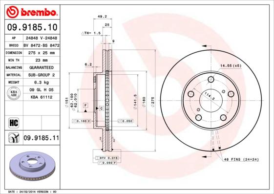 Brembo 09.9185.10 - Jarrulevy inparts.fi