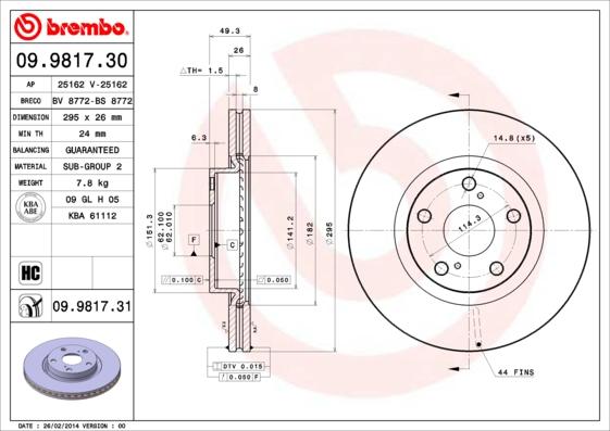 Brembo 09.9817.30 - Jarrulevy inparts.fi