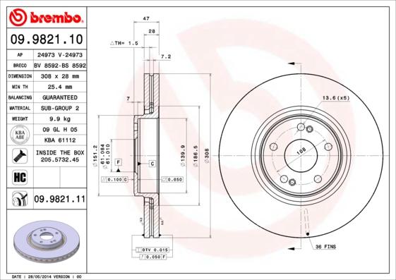 Brembo 09.9821.10 - Jarrulevy inparts.fi