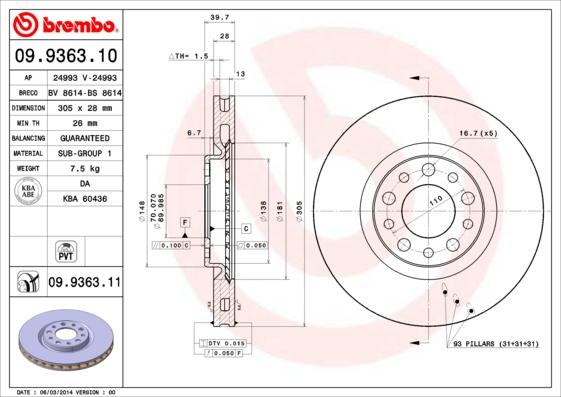 Brembo 09.9363.11 - Jarrulevy inparts.fi