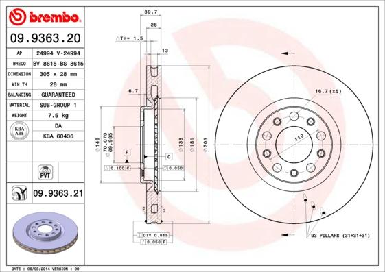 Brembo 09.9363.20 - Jarrulevy inparts.fi