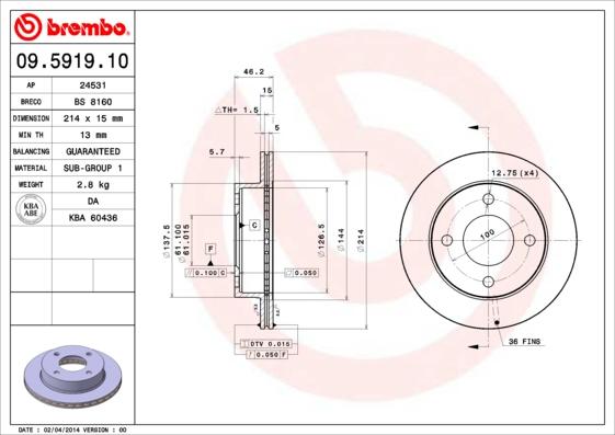 Brembo 09.5919.10 - Jarrulevy inparts.fi