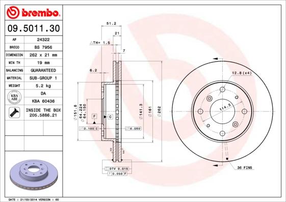 Brembo 09.5011.30 - Jarrulevy inparts.fi