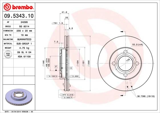 Brembo 09.5343.10 - Jarrulevy inparts.fi