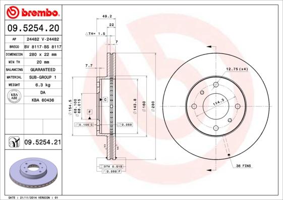 Brembo 09.5254.20 - Jarrulevy inparts.fi