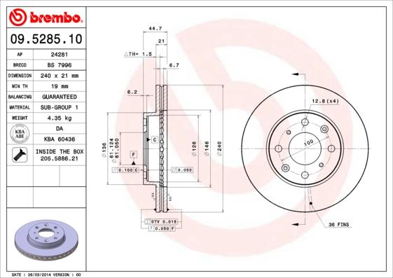 Brembo 09.5285.10 - Jarrulevy inparts.fi