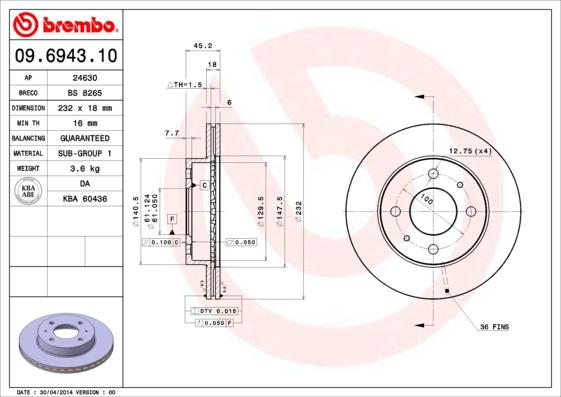 Brembo 09.6943.10 - Jarrulevy inparts.fi