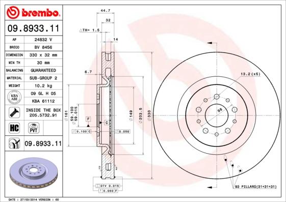 Brembo 09.8933.11 - Jarrulevy inparts.fi