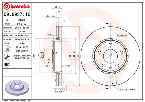 Brembo 09.8937.10 - Jarrulevy inparts.fi