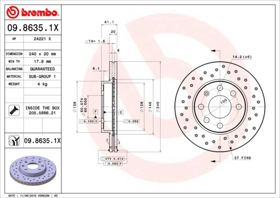 Brembo 09.8635.1X - Jarrulevy inparts.fi