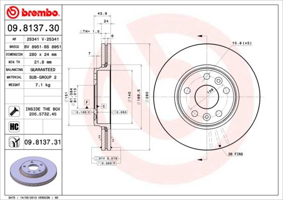 Brembo 09.8137.30 - Jarrulevy inparts.fi