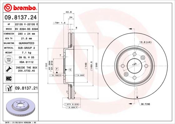 Brembo 09.8137.21 - Jarrulevy inparts.fi