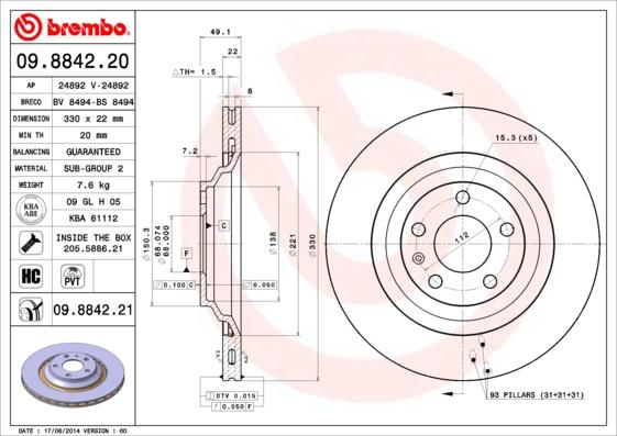 Brembo 09.8842.20 - Jarrulevy inparts.fi