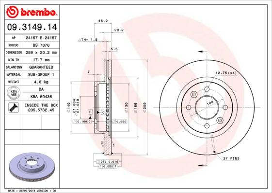 Brembo 09.3149.14 - Jarrulevy inparts.fi