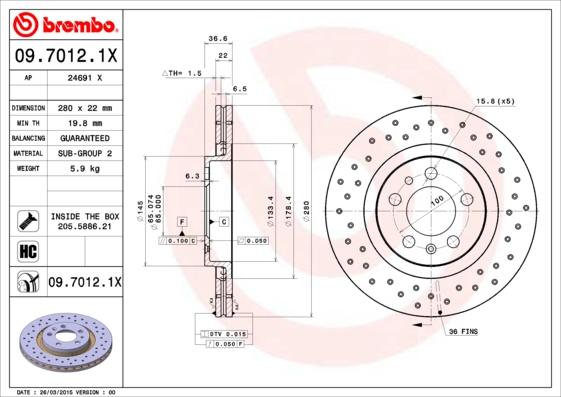 Brembo 09.7012.1X - Jarrulevy inparts.fi