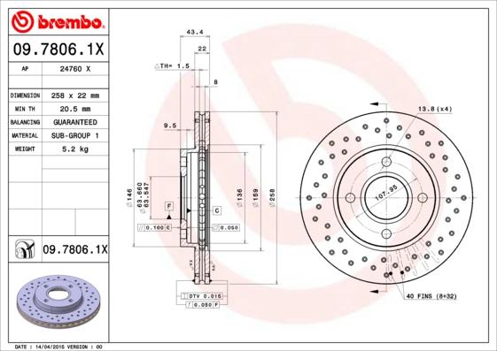 Brembo 09.7806.1X - Jarrulevy inparts.fi