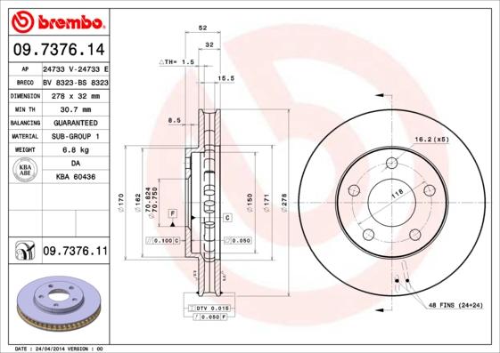 Brembo 09.7376.14 - Jarrulevy inparts.fi