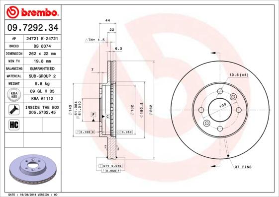 Brembo 09.7292.34 - Jarrulevy inparts.fi