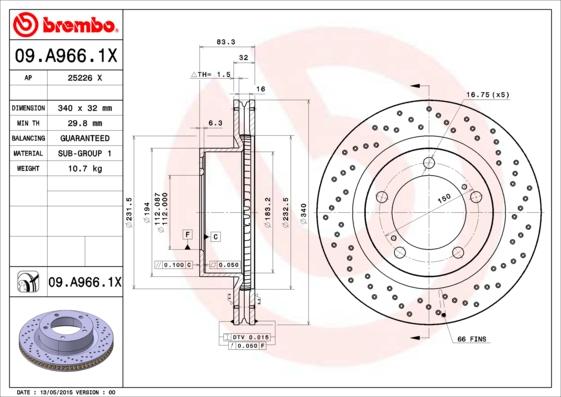 Brembo 09.A966.1X - Jarrulevy inparts.fi