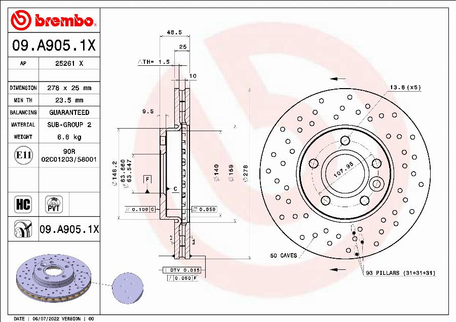 Brembo 09.A905.1X - Jarrulevy inparts.fi