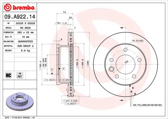 Brembo 09.A922.14 - Jarrulevy inparts.fi