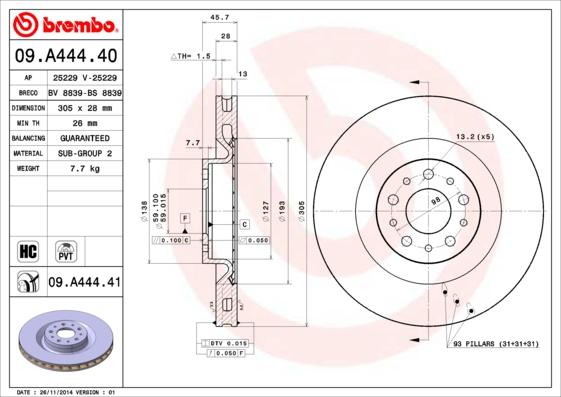 Brembo 09.A444.40 - Jarrulevy inparts.fi