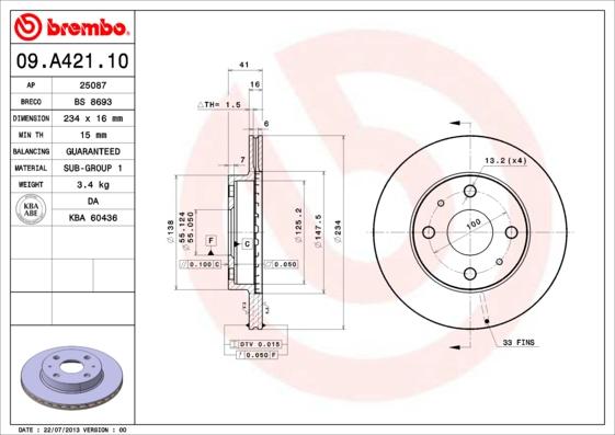 Brembo 09.A421.10 - Jarrulevy inparts.fi