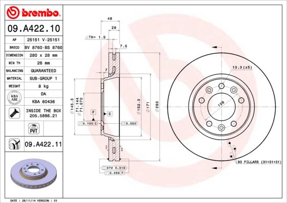 Brembo 09.A422.10 - Jarrulevy inparts.fi