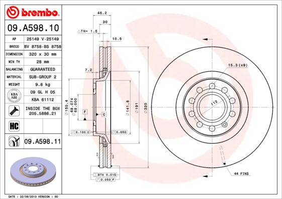 Brembo 09.A598.11 - Jarrulevy inparts.fi