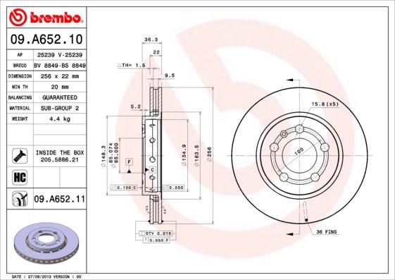 Brembo 09.A652.11 - Jarrulevy inparts.fi