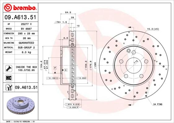 Brembo 09.A613.51 - Jarrulevy inparts.fi