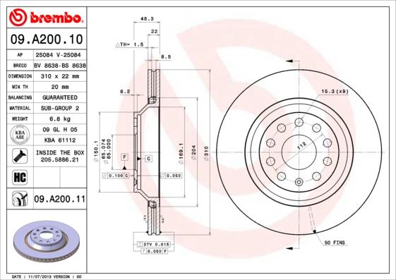 Brembo 09.A200.11 - Jarrulevy inparts.fi