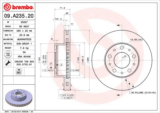 Brembo 09.A235.20 - Jarrulevy inparts.fi