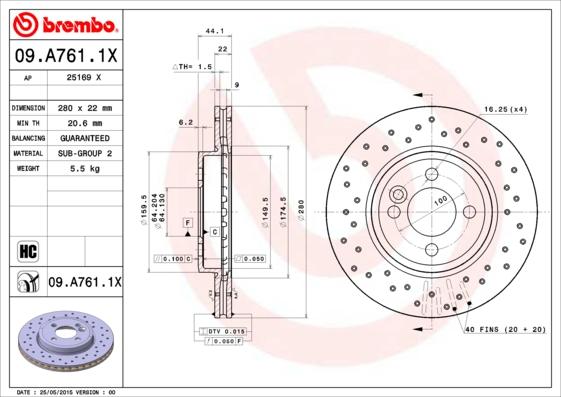 Brembo 09.A761.1X - Jarrulevy inparts.fi