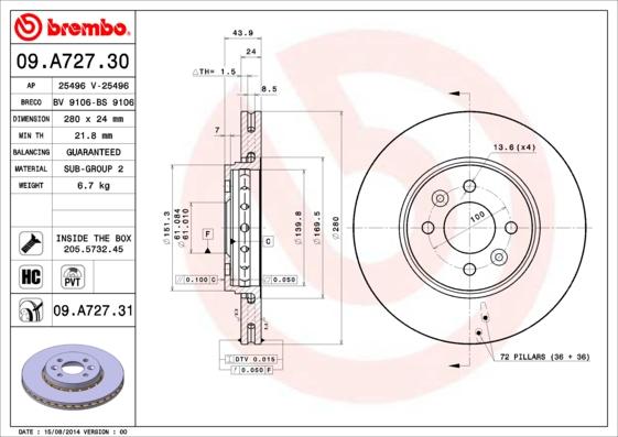 Brembo 09.A727.31 - Jarrulevy inparts.fi