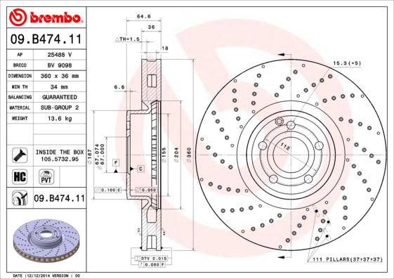 Brembo 09.B474.11 - Jarrulevy inparts.fi