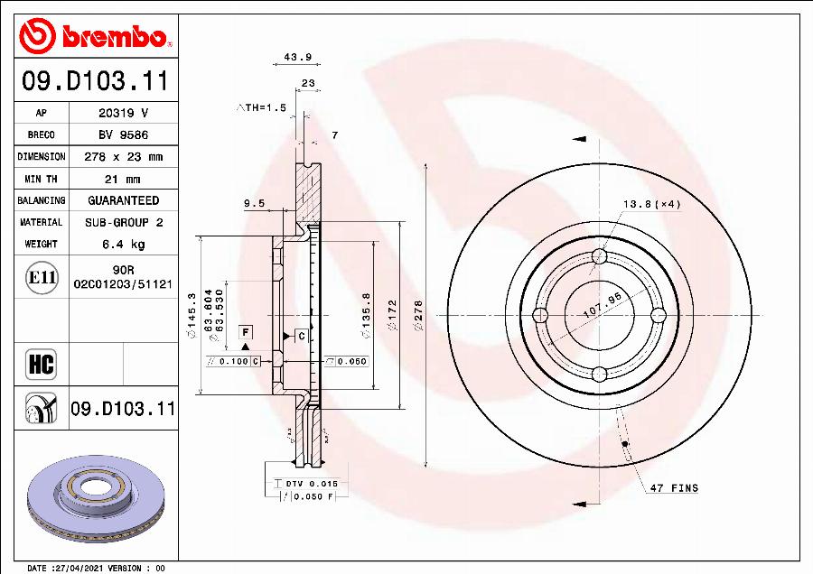 Brembo 09.D103.11 - Jarrulevy inparts.fi