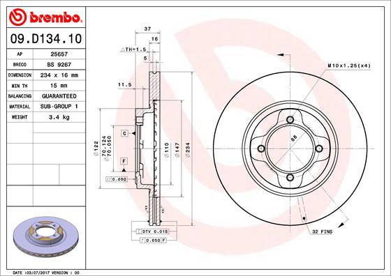 Brembo 09.D134.10 - Jarrulevy inparts.fi