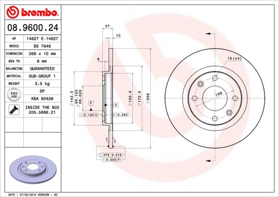 Brembo 08.9600.24 - Jarrulevy inparts.fi