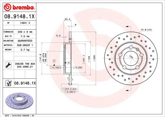 Brembo 08.9148.1X - Jarrulevy inparts.fi