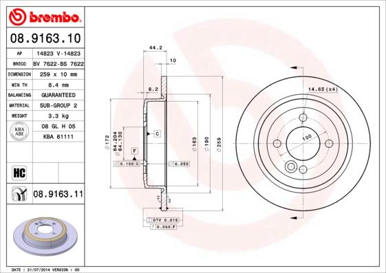 Brembo 08.9163.11 - Jarrulevy inparts.fi