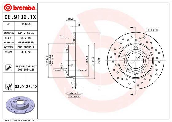 Brembo 08.9136.1X - Jarrulevy inparts.fi