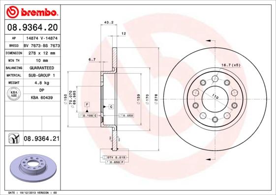 Brembo 08.9364.21 - Jarrulevy inparts.fi